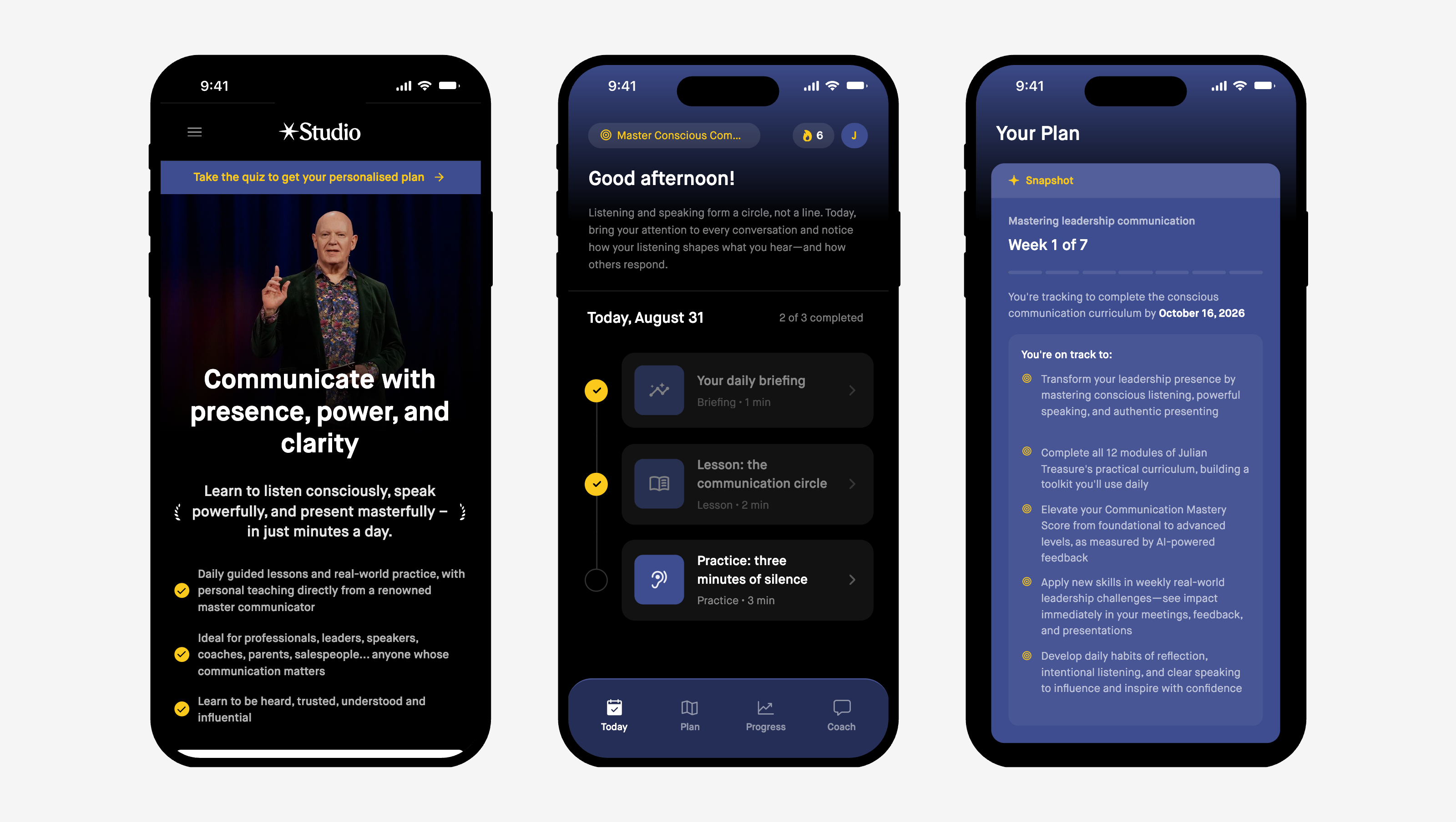 The Master Conscious Communication app on three phones