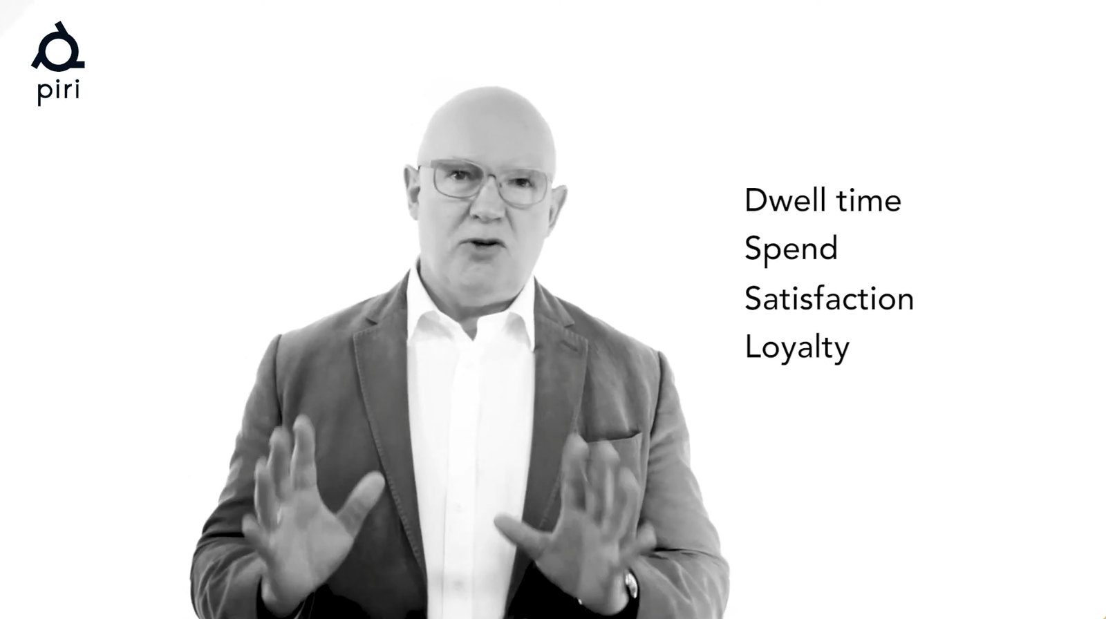 Julian Treasure in black and white beside the words dwell time, spend, satisfaction and loyalty