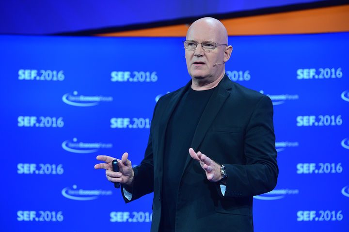 Julian Treasure speaking in front of a Swiss Economic Forum SEF.2016 backdrop